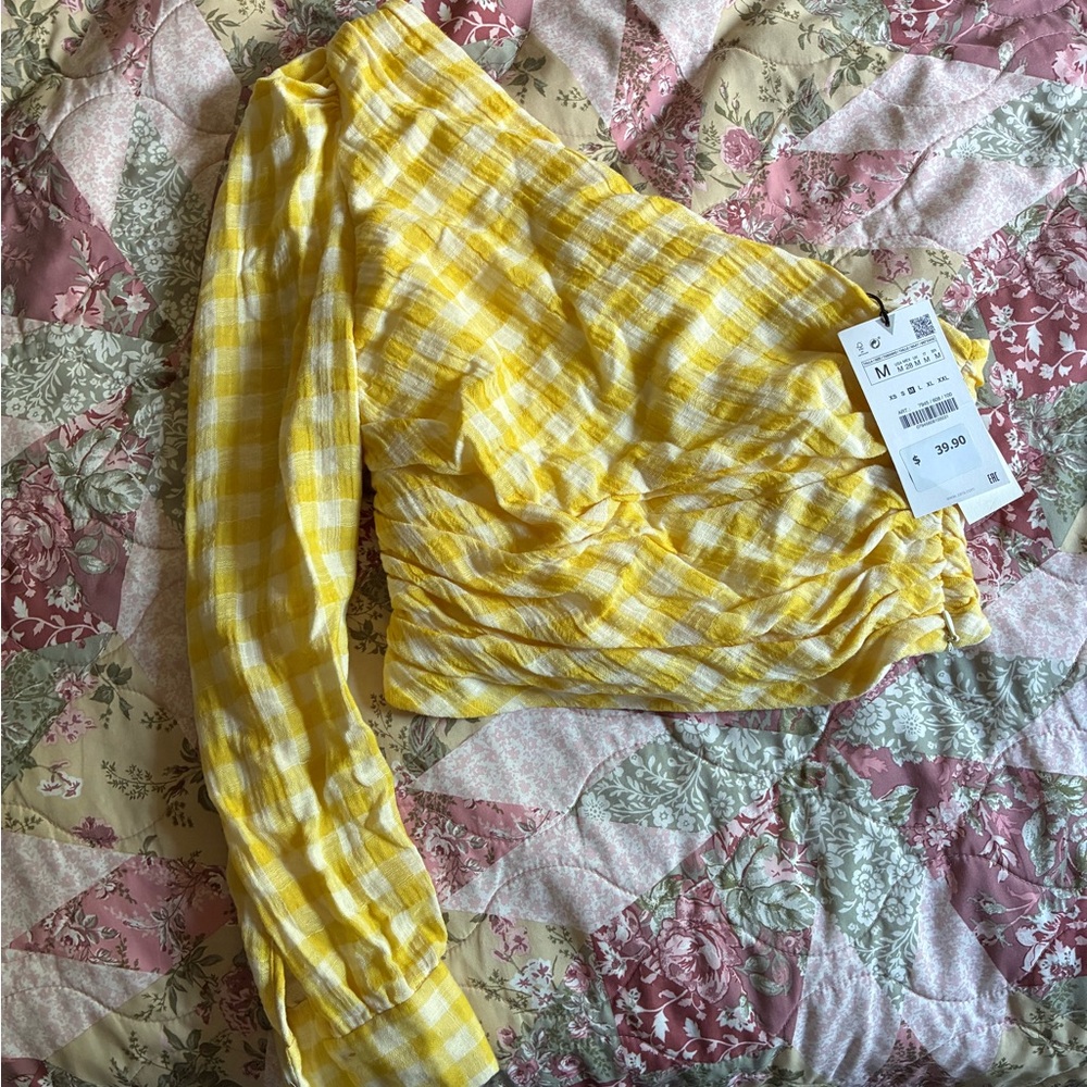 Zara Yellow Checkered One-Shoulder Blouse